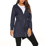 Regenmäntel für Frauen, Regenmantel Damen Solide Outdoor Winddicht Sonnenschutz Sportbekleidung Regenjacken mit Kapuze Pattentaschen Langarm Windbreaker Sweatshirts, navy, 48