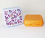 Tupperware Sandwichbox, Lunchbox, Brotdose Türkis Blumen + Orange Uni + Mini Sieb L