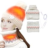 2Pcs USB Elektrische Warm Beheizte Mütze Nackenwärmer Set Winter Beheizte Beanie Mütze Schal Fleece Mütze für Männer F