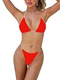 WUOOYOQ Damen-Bikini-Set, einfarbig, tiefer V-Ausschnitt, Neckholder-BH mit Tanga, für Urlaub, Strand, Schwimmen, rot, M