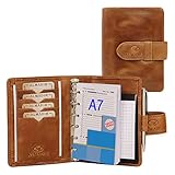 ALMADIH Leder A7 Terminplaner, Kalender 2022 Notizblock Premium Rindsleder BD in Geschenkbox – Ledermappe Schreibmappe Organizer Terminkalender Ringbuch Pocket Kompakt braun (A7 Term deluxe)