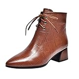 Xmiral Damen Lederstiefel Krokodilmuster Spitze Zehenkappe Schnürhalbschuhe Blockabsatz High Heels Stiefelette (Braun, 37)