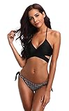 SHEKINI Damen Bikini Set Push up Verstellbar Crossover Ties-up Neckholder Bikinioberteil Zweiteiliger Badeanzug Triangel Gedruckt Niedrige Taille Sport Bikinihose Strandkleidung (Large, Schwarz B)