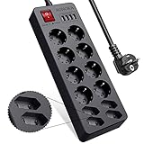Mehrfachsteckdose 12 Fach mit USB Steckdosenleiste Überspannungschutz(4000W/16A) und 4 USB Steckerleiste mit Schalter,Verteilersteckdose Wandmontage Tischsteckdose,1.5M Kabel Mehrfachsteck