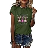 Ostern T-Shirt Frauen Tops Casual Bunny Print Pullover Leopard Graphics Tunika Kurzarm O-Ausschnitt Lose Bluse(L,Grün)