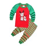 WANGTIANXUE Mädchen Weihnachten Schlafanzug Kinder Lang Baumwolle Zweiteiliger Jungen Christmas Pyjamas Elch Rentier Gestreifte Hosen Nachtwäsche Langarm 2 Stück Outfits Nachtwäsche Größe 1-7 J