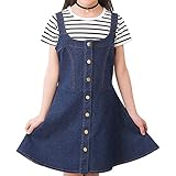FEESHOW Kinder Mädchen Jeanskleid Ärmellose Jeans Latzkleid Denim Minikleid Skaterkleid Jeansrock Hohe Taille Party Tägliches Outfit Dunkelblau 146-152