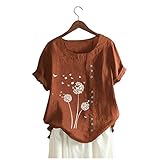 KOKOW Damen Baumwolle und Leinen T-Shirt Kurzarm Löwenzahn Drucken Rundhals Dünn Tops Sommer Casual Lose Atmungsaktiv Tunika Mode Prägnant Alltag Freizeit Mädchen Oberteile Shirt B