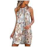 YinGTral Damen lässig Mode Metall hängenden Hals Leopardenmuster ärmelloses Kleid(Beige, S)