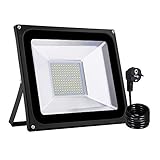 Papasbox LED Strahler Außen, 100W LED Fluter IP65 Wasserdicht Flutlichtstrahler Aluminium Scheinwerfer 3000K Warmweiß,EU Stecker, ideale Wandleuchte Außenlampe für Garten, Sportp