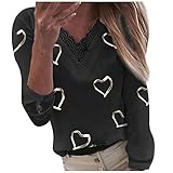 Masrin Damen Tops Mode Liebe Herz Bedrucktes T-Shirt V-Ausschnitt Spitze Patchwork Pullover Langarm Lose Bluse(XXXL,Schwarz)