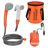 WADEO Campingdusche, 12V Tragbare Außendusche, 2m Duscheschlauch Outdoor Dusche mit Pumpe, 4400mAh Batterien Angetriebene Duschpumpe Wasserpumpe für Camping, Wandern, Reisen, Garten, Strand - Orang