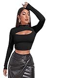 DIDK Damen Crop Shirt T-Shirt Cut Outs Casual Tops Oberteil Stehkragen Bauchfrei Langarmshirts Langarmtops Pullove Lässig T-Shirts Schwarz L