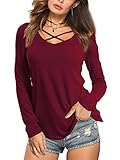 Beluring Tshirt Damen V Ausschnitt Oberteil Langarm T-Shirt Bluse Tunika Weinrot M