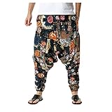 Unisex Sommerhose Baggy Leinen Baumwollhose Leicht Loose Fit Cordhose mit Taschen,BeiläUfige Lose Sporthose,Dünne Schnell Trocknende Strandhose,Mode Bedruckte Hippy Haremshose W