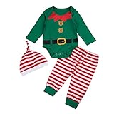 FYMNSI Neugeborenes Baby Mächen Jungen Weihnachtself Outfit Langarm Strampler Spielanzug Gestreift Hose Hut 3tlg Kleinkinder Unisex Erstes 1. Weihnahcten Party Bekleidungsset Fotoshooting 0-3 M