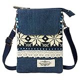 KXF Handytasche, Geldbörse, Leinen, Reißverschluss, ethnischer Stil, kleine Umhängetasche, Mini-Schultertasche mit verstellbarem Schultergurt für Frauen und Mädchen, Blau - blau - Größe: S