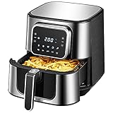 Airfryer, 5.5L XXL Heißluftfritteuse aus Edelstahl, 8 Programme, Einfache Reinigung, Ohne Öl, LED-Touchscreen, 40+Rezept, Silber, 1700W