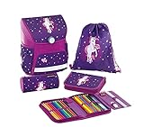 Eberhard Faber 577619 - EFAlino Schulranzen-Set Einhorn, bestehend aus Ranzen, gefülltem Schüleretui, Schlamperrolle und Sportbeutel, höhenverstellbar, ergonomisch und gep