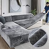 Love House Velvet Plüsch Schonbezug Sofa, Stretch Sofa Überwurf Sofabezug Weich Dick Sofahusse Für L-Form Schnittcouch,1 2 3 4 Sitzer -grau R