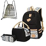 Neuleben Schultaschen 4 Set Schulrucksack + Kühltasche + Federmäppchen + Beutel aus Canvas für Damen Mädchen Kinder (Schwarz)