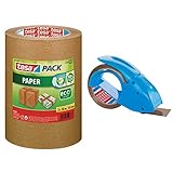 tesapack® Paper ecoLogo im 3er Pack - Umweltgerechtes Paketband aus Papier & Abroller Pack' n' Go - Ergonomischer, blauer Handabroller für Paketbänder - Inklusive 50 m x 48 mm Klebeb