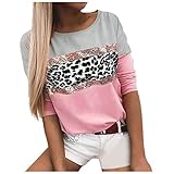 Masrin Mask Damen Sweatshirt Mode Leopard Pailletten Druck Pullover Langarm O-Ausschnitt Farbblock Patchwork Tops T-Shirt Bluse(XL,Rosa)