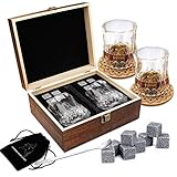 Whisky Steine Geschenkset – 8 Whisky Eiswürfel Wiederverwendbar und 2 * Whiskygläser, Whiskey Rocks Cooling Stones, Geschenk Box aus Holz, Bestes Geschenk für Männer und F