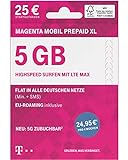 Telekom MagentaMobil Prepaid XL SIM-Karte ohne Vertragsbindung I Allnet Flat (Min, SMS) in alle dt. Netze, mit EU-Roaming I Surfen mit LTE Max & Hotspot Flat I inkl. 25 EUR Startguthab