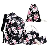 Neuleben Schultaschen 4 Set Schulrucksack & Kühltasche & Turnbeutel & Geldbörse mit Blumenmuster für Damen Mädchen Kinder (Schwarz Blumen)