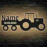 LED Deko Schlummerlicht Nachtlicht Name Traktor Traki der Traktor Anhänger mit Wunsch Datum, personalisiert mit Wunsch Namen Lasergravur Abendlicht Kinderzimmer Wohnzimmer Geschenk