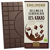 Kräftige Milchschokolade Bio ohne Zucker. Edelmond 81% Kakaoanteil. Extra Edelbitter aus Grand Cru Kakaobohnen - 1Tafel, 75g