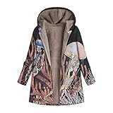 Ronamick Übergangsjacke Damen Lang Fleecejacke Große Größen Kapuzenjacke Elegant Winterjacke mit Teddy Gefüttert Blumendruck Plüschmantel Gemütliche Outdoormantel mit Kapuze Winter Leicht Park