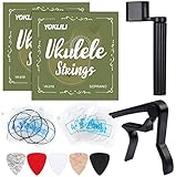 Yoklili Ukulelen-Saiten, 2 Sets von schwarzen und transparenten Nylon-Ukulele-Saiten mit 5 Filz-Plektren, Saitenkurbel für Sopran (53,3 cm) Konzert-Ukulele, inklusive Kap