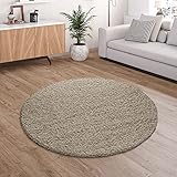 Paco Home Hochflor Teppich Wohnzimmer Shaggy Langflor Modern Einfarbig Ohne Muster, Grösse:200 cm Rund, Farbe:Beig