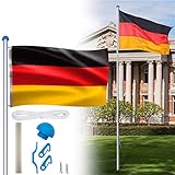 HENGMEI Aluminium Fahnenmast 6,50m mit Deutschlandfahne Flagge, Seilzug und Bodenhülse witterungsbeständigem Flaggenmast höhenverstellbar fü