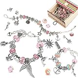 TBoonor Charm Armband DIY Kit Geschenk für Mädchen, mit 50 Elemente Perlen Anhänger und 3 Größen Silber Kette, Rosa Schmuck Armbänder Bastelset für 6 Jahre und älter T