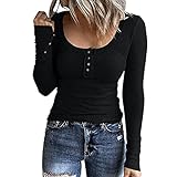 GesOes Damen Langarmshirt Sexy Rundhals Oberteile Freizeit Tuniken Tops mit Knöpfe Lose Hemd Bluse Top Einfarbig Täglich Outw