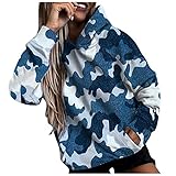 Damen Casual Camouflage Print Sweatshirt Langarm V-Ausschnitt Lose Warm Pullover Kapuzenbluse mit Tasche, Blau5, 46