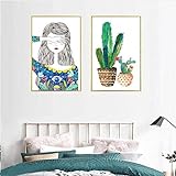 VUSMH Kleine Frische Bunte Pflanze Kaktus Mädchen Leinwand Bild Kaktus Poster Topfblumen Wand Bilder Wanddekorationen Für Wohnzimmer 50x70cmx2 Kein R