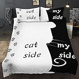 NFDF Dog Side My Side Bettwäsche,Paar Bettwäsche Set Schwarz Weiß,Bettwäscheset für Sie und Ihn,Polyester, Hundeseite, Doppelbett (Cat Side My Side,220 x 240 cm)