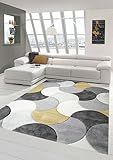 Designer und Moderner Teppich Kurzflor mit Tropfen Muster in Gelb Grau Creme Größe 80x150