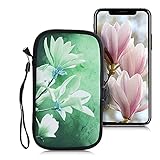 kwmobile Handytasche für Smartphones L - 6,5' - Neopren Handy Tasche Hülle Cover Case Schutzhülle - Magnolien Marmor Weiß Gelb Grün - 16,5 x 8,9 cm Innenmaß