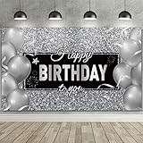 Happy Birthday Hintergrund Banner, Schwarz Weiß Luftballons Silber Happy Birthday Hintergrund Foto Fotografie Banner für Männer Frauen Geburtstag Jubiläum Party Dekoration, 72,8 x 43,3 Z