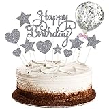 Kuchendeko, 15PCS Geburstagstorte Deko Kuchendeckel ,Tortendeko Sterne Herz Cupcake Topper mit Glitzer Ballon Geburtstag Cupcake Kuchendekoration geburtstag mädchen Geburtstagsfeier Dekor( Silber)