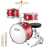 Eastar Schlagzeug 14' 3-teilig, Kinder für 3-10 Jahre, Schlagzeug Set mit Snare, Tom, Bass Drum, Bass Drum Pedal, Thron, Becken und Drumsticks, Ideales Geschenk für Teenager Anfänger, Metallisch R