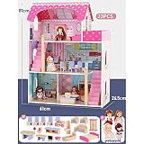 OUPAI Häuser für Modepuppen Holzpuppenhaus, 3-Geschichte Puppenhaus und Möbel Kit mit Möbel und Puppen, Pretend Play House, for Kleinkinder 2-10 Jährige (Size : 23pcs)