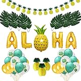 SUNBEAUTY Aloha Party Dekoration Sommer Tropical Aloha Ananas Folie Gold Ballons Ananas Banenr Girlande Wabenbälle Grün Schildkröte Blätter für Sommer Hawaiin Luau Party Dek
