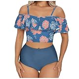 Damen Bikini Set RüSchen High Waist Bauchweg Bademode Zweiteiliger Badeanzug Schulterfrei RüSchen Bikini Sets Bademode Mit Hoher Taille Strandkleidung 2022