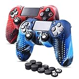 6amLifestyle PS4 Controller Skin (Rot + Blau, 2 Controller Skins + 10 Daumengriffe) Anti-Rutsch-Silikonhülle Schutzhülle für DualShock 4 PS4 / PS4 Slim / PS4 Pro C